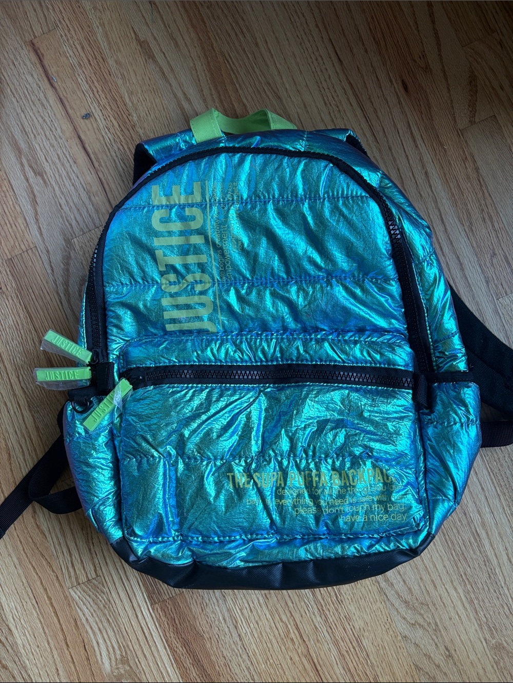 Justice Iridescent Teal Backpack with Lime Accents Super Puffer